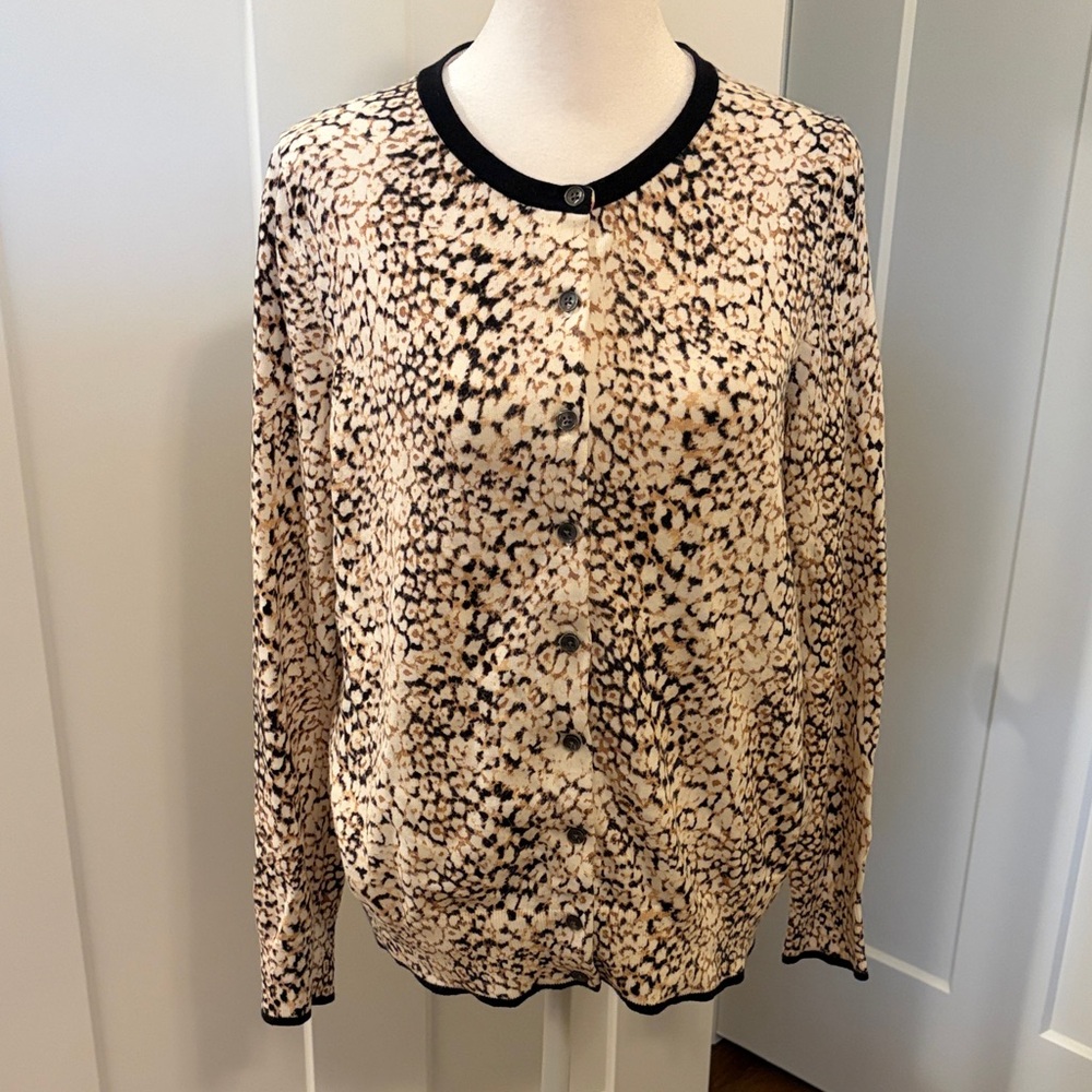 Lands End Womens Black Tan White Print Cardigan Sweater Size M Sophisticated